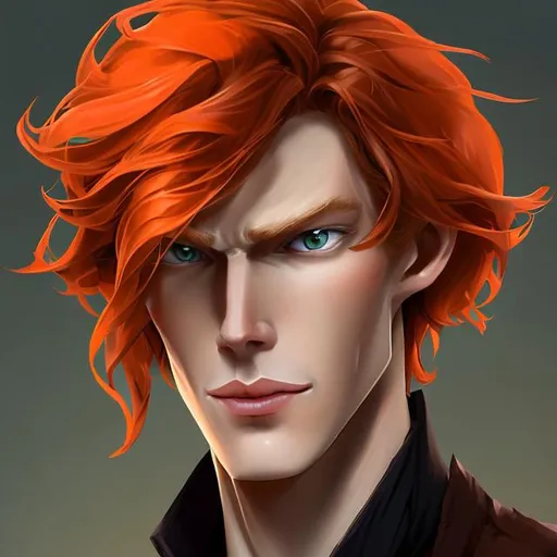 Prompt:   Create an enchanting chest-up portrait of a tall, slender ginger male, showcasing his captivating features in a flattering illustrative fantasy art style. Emphasize his unique appearance with vibrant, long, and flowing orange hair that cascades in a mesmerizing, slightly wavy pattern. Craft his face with a touch of elegance, capturing a subtle gauntness that adds an air of mystery and sophistication.

Enhance the charm of his face by carefully accentuating the abundance of freckles, allowing them to scatter across his skin like celestial constellations. His eyes, the true windows to his soul, should be the focal point of the portrait. The light blue eye should shimmer with an otherworldly glow, while the pink eye, with its intriguing pupil shape, adds an element of enchantment and magical allure.

The subject's perennial smile should exude genuine joy and infectious happiness, radiating warmth and positivity. Emphasize the twinkle in his eyes and the slight upturn of his lips to capture the essence of his jovial nature.

Through your artistry, bring this ginger character to life in a way that inspires wonder and awe, inviting viewers into a world of fantasy and imagination.