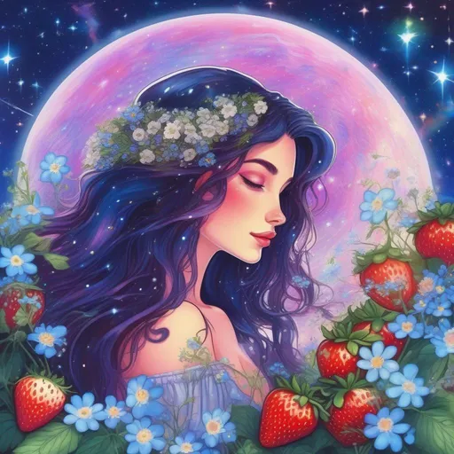 Prompt: A beautiful and colourful picture of Persephone with brunette hair and with forget-me-not flowers, Baby's Breath flowers and strawberry plants surrounding her, framed by the moon and constellations in a Lisa Frank art style. 