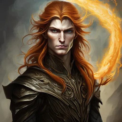 Prompt: portrait painting of an elven young man with long flame colored hair and a cold, calm expression. He has significant biometric enhancements on his face, especially on his eyes, and has intricate mechanical wings, sharp focus, award - winning, trending on artstation, masterpiece, highly detailed, intricate.
