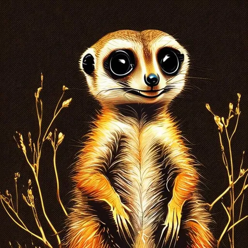 Prompt: Cute Meerkat, black background, gold, bright red, art