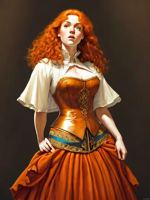 Prompt: hyper realistic of a 15th century scottish woman with cute face and ginger hair. HDR, dramatic, studio light, hyperdetailed face,  full body image,natural color, comic book artwork style, Frank Miller and Boris Vallejo 