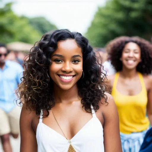 pretty black girl wavy hair smiling summer backgroun...