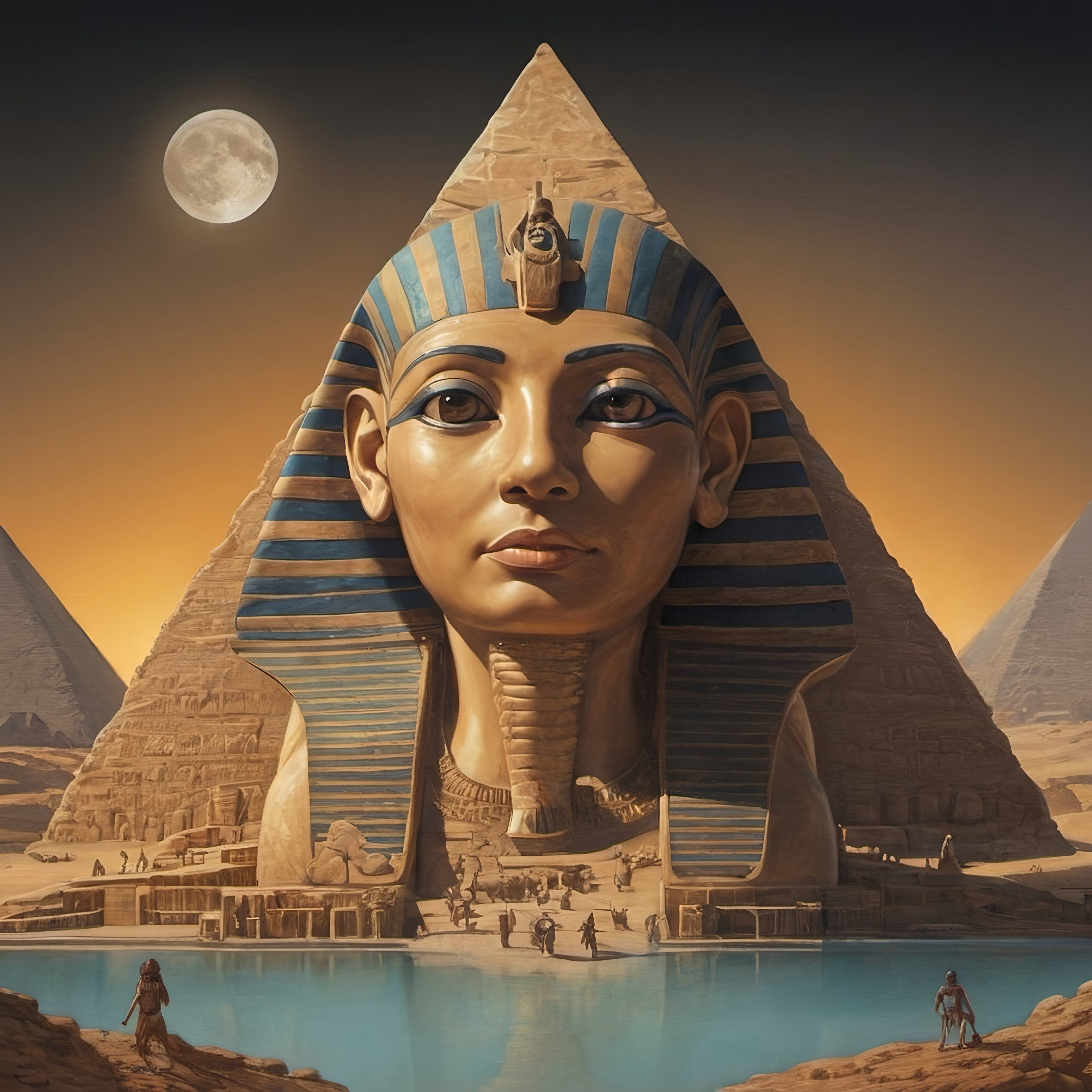 Prompt: a painting of a sphinx head with a full moon in the background and a lake in the foreground, fantasy art, highly detailed digital painting, egyptian art