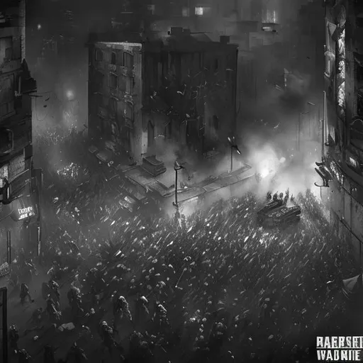 Prompt: monochrome, scifi, violent riot, big crowd, dense city, riot police, soldiers, shield wall, charge