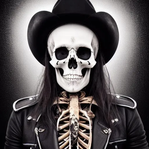Prompt: Overdetailed Photorealistic Portrait of a Blackened Skeleton Cowboy, Detailed skull Face, White Wispy hair Detailed Hands, Splatters of blood on Duster, Intricately Detailed, Award Winning, Photograph, Film Quality