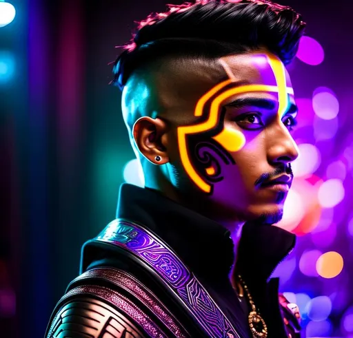 Prompt: man with black hair and colorful facial tattoos, in the style of futuristic, violet and bronze backdrops, robotic boy, photorealistic costumes, schlieren photography, stéanpunk fantasy, close-up