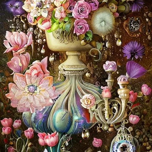 Prompt: painted still life beautiful flowers by ambrosius bosschaet!!!!!, floating in the sky, daniel merriam art, muted colors, hyper realistic soft focus feathers, fantasy steampunk, spiral staircase, vintage pocketwatch, , ambrosius bosschaert art, iridescent water drops,  crystal chandelier drops, glitter sparkles, infinite depth, incredibly detailed, ultra realistic, high index of refraction, hyper realistic elegant smooth sharp clear edges, sharp focus, wide angle perspective, ultra realistic, sense of high spirits, volumetric lighting, occlusion, Unreal Engine 5 128K UHD Octane, fractal, pi, fBm