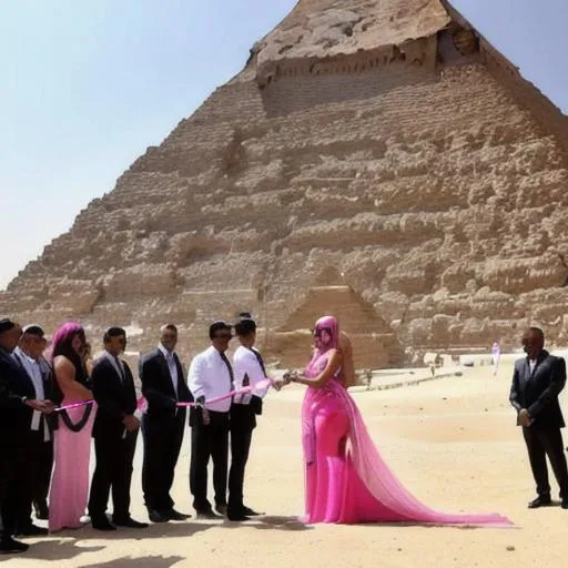 Prompt: nicki minaj with pink hair cutting the ribbon at the grand opening of the pyramids of egypt