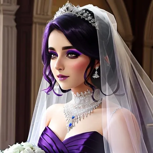 Prompt: Ethereal beautiful bride in a purple gown, white veil, dark hair, facial closeup