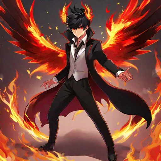 Prompt: Damien  (male, short black hair, red eyes) demon form, wearing a tuxedo, fighting, wearing a crown, angry look on his face, fire around him, wings spread
