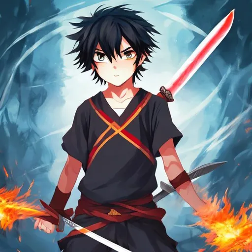 Prompt: anime, boy,sword, fire