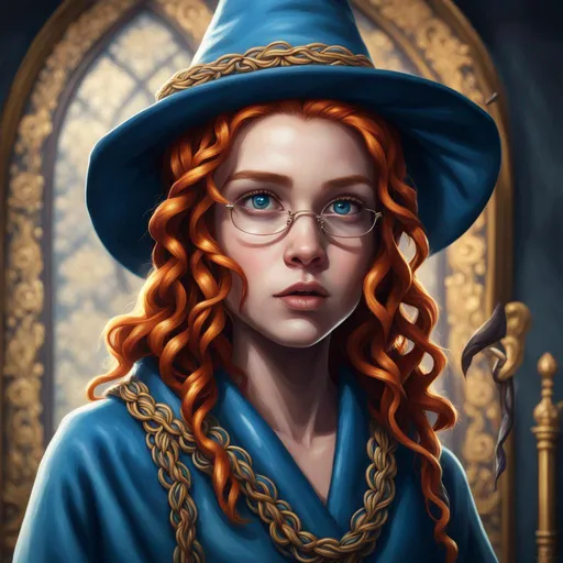 Prompt: Photorealistic artwork for sorcerer apprentice, she is young and cute, with single braided red hair, freckles, glowing round blue eyes, small nose, small mouth, freckles. She wears a large pointy sorcerer hat, loose-fitting sorcerer robe with intricate golden filigree pattern, rich blue color, large round black frame glasses. She is practicing magic in the master's laboratory. Fantastic style background, vivid magical cinematic lighting, watercolor work, detailed brush stroke.