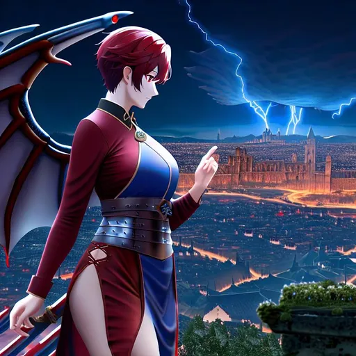 Prompt: Wyvern floating in the air, the character has deep blue scales detailed, Dark red eyes detailed, full body, good quality, realistic, medieval city in ruin in the background, lightning striking medieval city in the background, mountains in background behind city, good quality, realistic