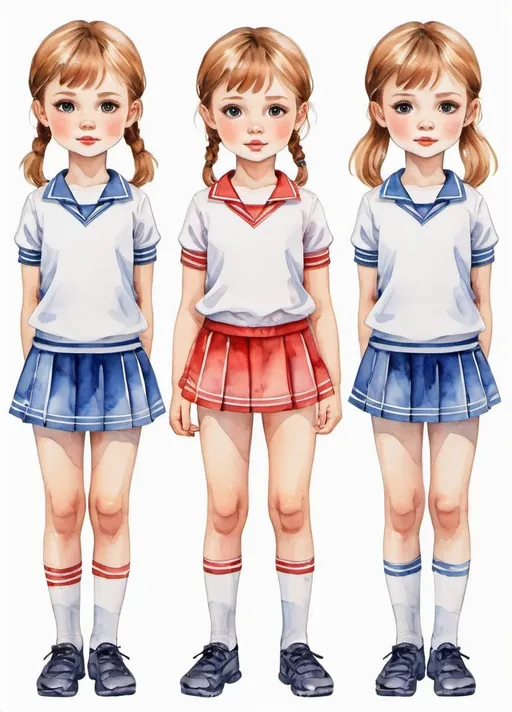 Prompt: young girl, children's clothing, sports uniform, a lot of details, high quality, fool body, standing straight, arms to the sides, paper doll, watercolor,