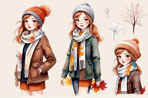 Prompt: young girl, autumn outerwear, jacket,  scarf, hat, a lot of details, high quality, standing straight, arms to the sides, paper doll, watercolor,