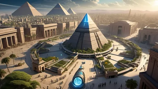 Prompt: Stargate in the middle of a city plaza, futuristic setting, aerial view, star portal, pyramid spaceships, floating pyramids, hanging gardens, detailed fantasy art, futuristic gardens, highres, detailed, aerial perspective, fantasy art, sci-fi, futuristic, star portal, detailed architecture, egyptian architecture, professional, magical lighting, atlantis setting