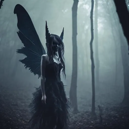 Prompt: A dark fairy creature in misty woods