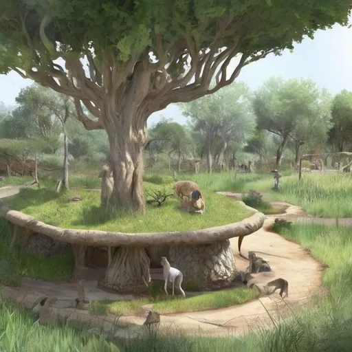 Prompt: Concept art of a natural rest stop for wild animals that provides shade water and food 