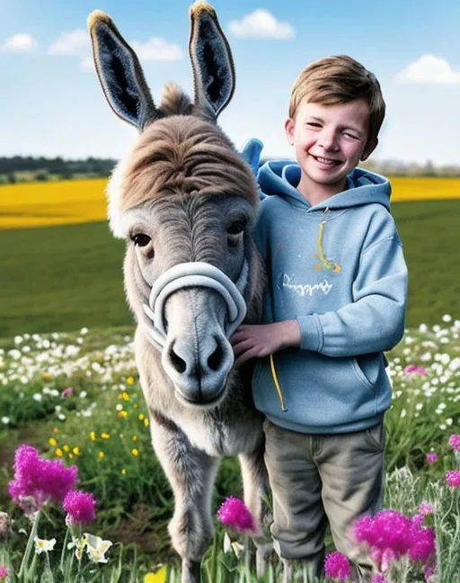 Prompt: A high-quality, detailed photo of a donkey and a boy wearing a hoodie, standing in a field of flowers. The donkey is brown with white spots, and the boy is wearing a blue hoodie with a white logo. The sun is shining brightly, and there are a few clouds in the sky. The donkey is looking at the boy, and the boy is smiling.
