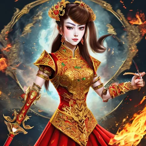 Prompt: Lady wearing Chinese jwellery and red hot dress with light golden eyes brown hair fire in one hand and sword in another with fire in background sharp nose and jawline 