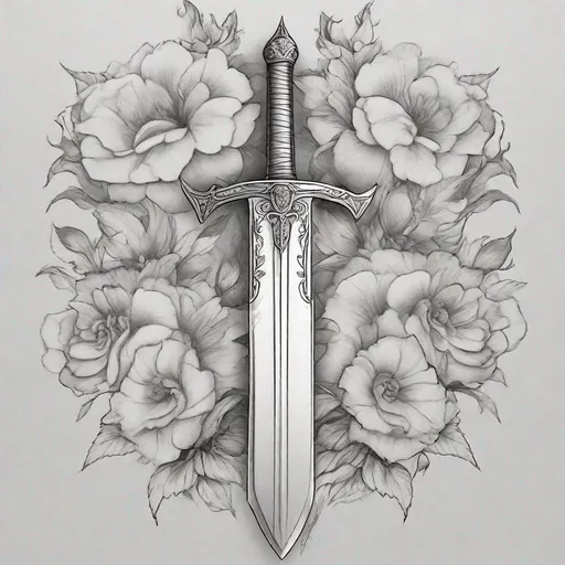 Prompt: Create me a simple straight short sword, the picture should be in black and white, pencil drawn, and a floral border