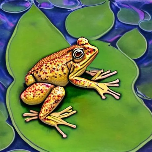 golden frog on a lilypad. the lily pad is on a lake... | OpenArt