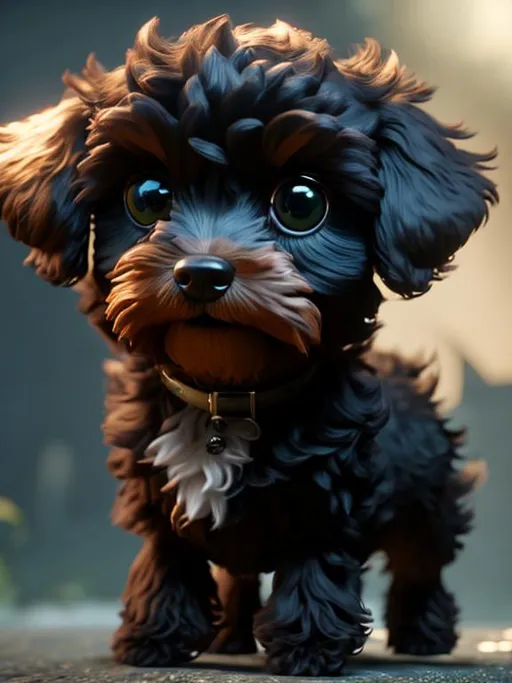 Prompt: 3d soft black cavoodle dog, cute, big eyes, Pixar Render, unreal engine cinematic smooth, intricate detail, high resolution. Golden lighting. Backlit