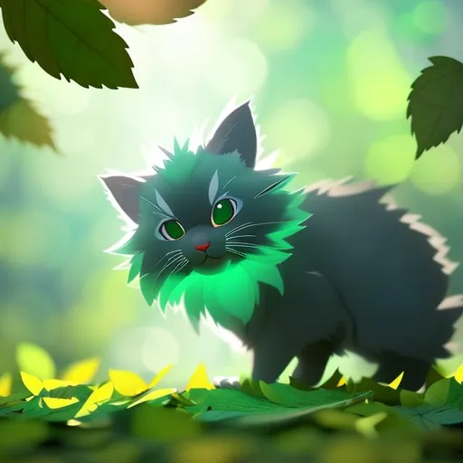Prompt: Cute, green, plant fur, cat made of leaves, possessing the element of life and making large floating circles of leafs and sticks move around in the air in a magical way. Perfect features, extremely detailed, realistic, complimentary colors, green wispy aura in background, realistic cat