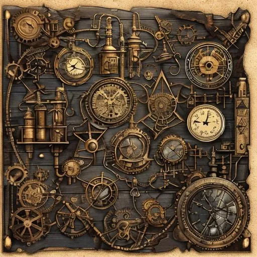 Prompt: Alchemist with star background cut on wood, old,   partly burned. Highly detailed. steampunk artifacts on shelve.

