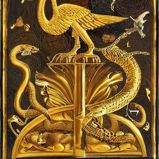 Prompt: A golden pharaonic eagle on top of a cobra snake feeding on other snakes in a dark valley