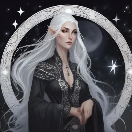 Prompt: dnd a elven woman with long flowing silver hair and glowing white eyes wearing black robes with star patterns moon goddess