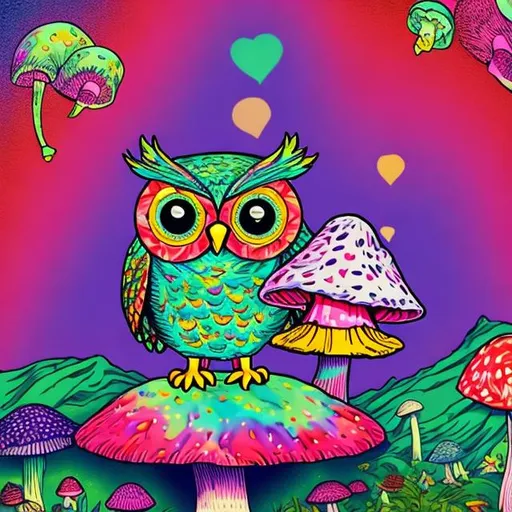 Prompt: Owl on a Mushroom in the style of Lisa frank