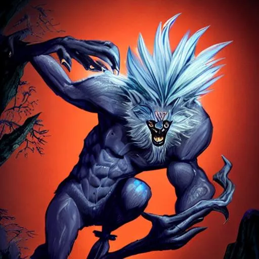 Prompt: tall air genasi werewolf with dark blue skin showing through flowing glistening silver hair with one lightning claw and one frozen claw pouncing through the air