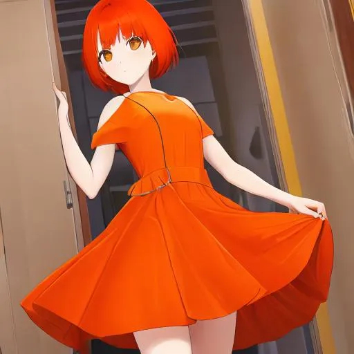 Prompt: girl with orange short hairs orange hairs  buetiful orange dress