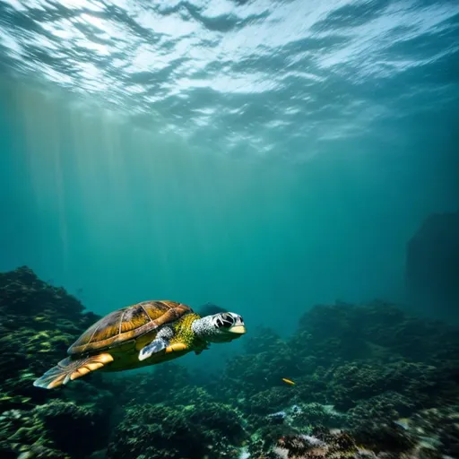 Prompt: In the tranquil embrace of the underwater realm, a small turtle hatchling embarked on its journey, guided by the dappled sunlight that filtered through the water's surface. The gentle waves above cast shifting patterns of light and shadow, creating an ever-moving tapestry that painted the ocean floor.

As the baby turtle swam with delicate strokes, the play of light danced upon its tiny shell, creating a shimmering mosaic that seemed to celebrate its innocence and resilience. The waves above, visible from this submerged perspective, were like graceful ripples in a distant dream, reminding the turtle of the world it was destined to explore.

The sunlight, refracted by the undulating water, illuminated the hatchling's path with a soft, radiant glow. Each movement was a testament to the turtle's instinctual connection to the sea, its flippers propelling it forward with a sense of purpose. The surrounding currents swayed gently, guiding the turtle through this aquatic wonderland.

As the hatchling navigated through the underwater world, it was as though time itself slowed down, allowing it to savor every moment. The scene was a harmonious blend of nature's elements—the warm caress of sunlight, the rhythmic embrace of the waves, and the steadfast determination of a young life finding its way.

In this fleeting instant, the small turtle encapsulated the beauty and grace of the ocean, a symbol of hope and the boundless possibilities that lie ahead. The underwater ballet of light and waves bore witness to its journey, a quiet spectacle of life unfolding in the embrace of the deep blue.