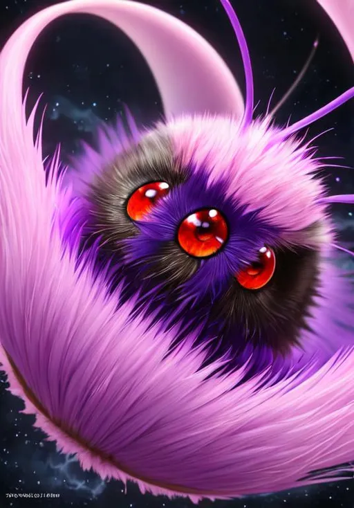 Prompt: UHD, , 8k,  oil painting, Anime,  Very detailed, zoomed out view of character, HD, High Quality, Anime, Pokemon, Venonat is an insect Pokémon with a spherical body covered in purple fur and two purple fly-like eyes. The fur releases a toxic liquid and it spreads when shaken violently off their bodies. A pink pincer-like mouth with two teeth, stubby forepaws, and a pair of two-toed feet are visible through its fur. Its limbs are light tan. There is also a pair of white antennae sprouting from the top of its head. However, the most prominent feature on its face are its large, red compound eyes. Venonat's highly developed eyes act as radar units and can shoot powerful beams.

Venonat can be found in dense temperate forests, where it will sleep in the hole of a tree until nightfall. It sleeps throughout the day because the small insects it feeds on appear only at night. Both Venonat and its prey are attracted to bright lights.

Pokémon by Frank Frazetta