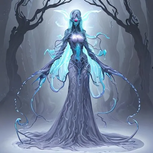 Prompt: concept designs for an ethereal wraith like figure with a squid like parasite latched onto its head and long tentacle arms that flow lazily but gracefully at its sides like a cloak while it floats around a forgotten kingdom in the snow searching for lost souls and that hides amongst the shadows in the trees, this character has hydrokinesis and electrokinesis for the resident evil village video game franchise with inspiration from the franchise Bloodborne and the mind flayer from stranger things on netflix