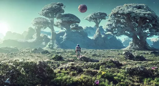 Prompt: astronaut in an alien planet on an exoplanet planet, an alien planet full of life and animals and species and plants and trees and flowers, landscape
, high detail photorealistic wide view cinematic lighting 8k ultra hd