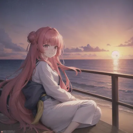 Prompt: concept art of kim ji-woo/chuu from loona, koyoharu gotouge, anime, hd, 4k, high res, character concept, korean girl, kim ji-woo, beach background, sunset, smiling at camera, holding sword, trending on pixiv, pixiv