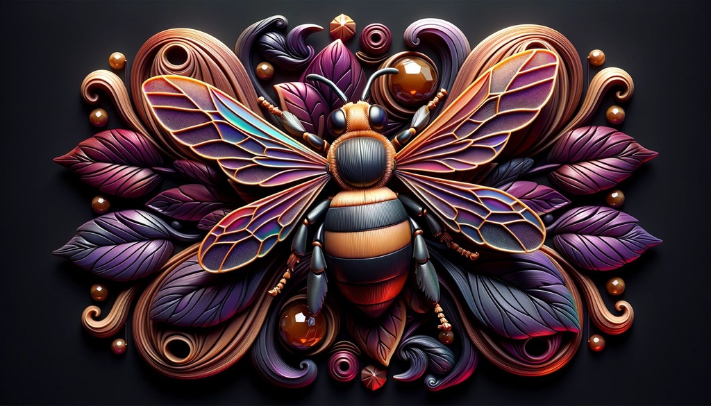 Prompt: Wide digital render showcasing a bee with eye-catching detail, set against a zbrush-styled backdrop in dark purple and bronze, resembling a colorful woodcarving.