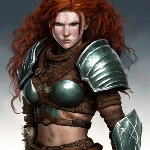 Prompt: Athletic Female mercenary fighter, with long red hair. Powerful build.  Adamantine Plate armor. Green eyes. 