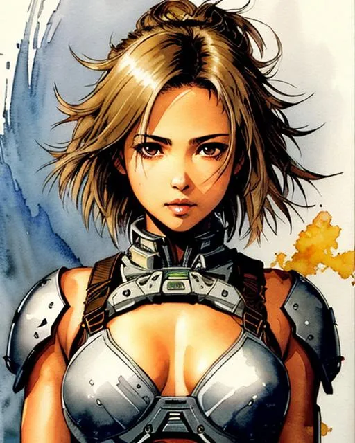 Prompt: (((Yoji Shinkawa))), sticker of ultra detailed portrait of Naomi Scott in  dress armor, high quality cell shaded illustration in post apocalyptic style by Yoji Shinkawa,(((dynamic pose))), ((full body)),  perfect anatomy, centered, freedom, soul, blond short hair, approach to perfection, cell shading, 4k , cinematic dramatic atmosphere, watercolor painting, global illumination, detailed and intricate environment, artstation, concept art, fluid and sharp focus, volumetric lighting, cinematic lighting, Art by Yoji Shinkawa,
