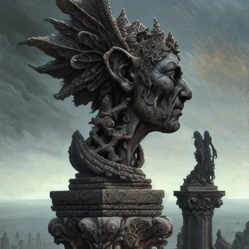 Prompt: art, stone Gargoyle, artstation, hyperdetailed intricately detailed ,real engine, other wordly, intricate detail, splash screen, dark colors, 8k, deviantart masterpiece, oil painting, heavy strokes,  Gothic , tourmented souls, standing, looking at horizon, suffering, humanoid