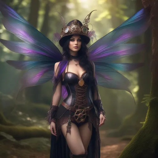 Prompt:  Shes a Steam Punk, gothic witch.  distinct Winged fairy, with a skimpy, ((colorful)), gossamer, flowing outfit, standing in a forest by a village. ((Wide angle)),  Detailed Illustration. 4k, 8k.  Full body in shot. Hyper realistic painting. Photo real. A ((beautiful)), ((shapely)) woman with ((hyper realistic hands)), and ((vivid)) colorful, ((bright)) eyes. A ((distinct))  Halloween night. ((Concept style)) art. ((Epic)). ((Cinematic))