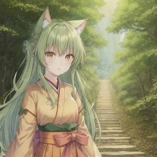 Prompt: Taishō era, anime girl, beautiful, 21, Japanese style outfit, kitsune girl, Light green hair, orange eyes, forest background 