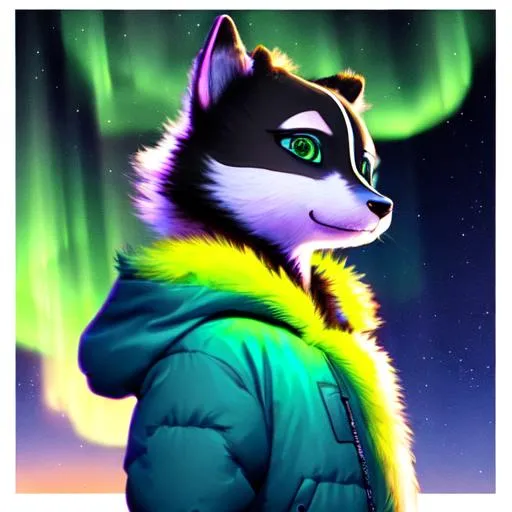 Prompt: Anthropomorphic animal, young, cute. Facing away from viewer, but looking at viewer. Wearing long jacket with galaxy colour. Background is night with aurora