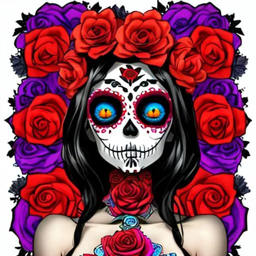 Prompt: Day of the dead style sugar skull ,symetrical, brilliant colors, red roses