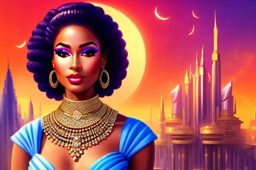 Prompt: head-on, surreal cartoon, high fashionista pose, glossy, walking toward viewer, stunning Nubian dancer, she is dressed like a summer queen, dramatic jewelry, statement necklace, background is architecture lit by the moon,  trending on artstation