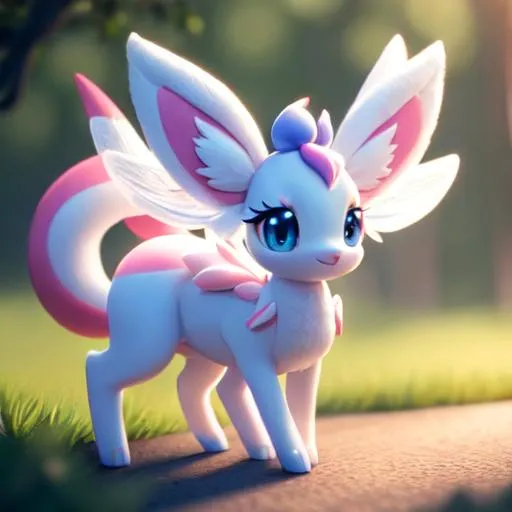 Prompt: Disney Pixar style Sylveon Pokemon, highly detailed, fluffy, intricate, big eyes, adorable, beautiful, soft dramatic lighting, light shafts, radiant, ultra high quality octane render, daytime forest background, bokeh, hypermaximalist