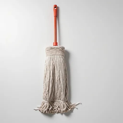 Prompt: Aerial wide view straight-down on top of a used cotton mop on a white background, separated from each other, without touching the edges of the canvas, d&d, 3d render, seen from directly above, flat lay, semi-realistic textures